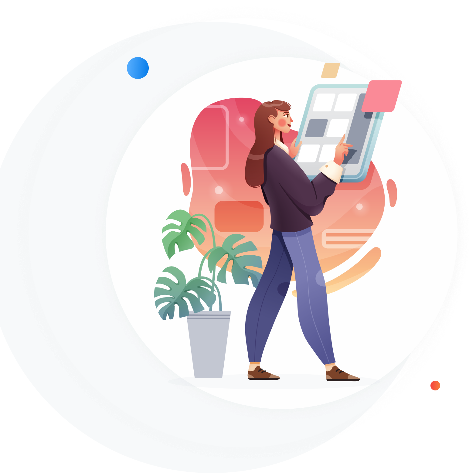 Transform your office Illustration of a woman holding a comically-large tablet, with a potted plant at her feet.