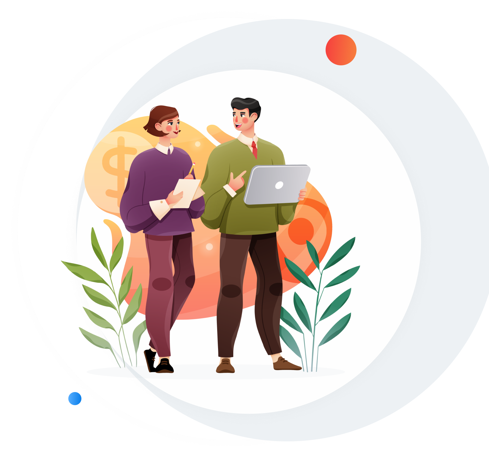 Transform your relationships A man and a woman are walking alongside each-other; the man is holding a tablet, and the woman is taking notes on a notepad. There is a dollar sign in the background.